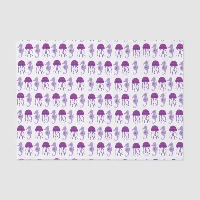 Papier Mousseline Cheval de mer et méduse violet et blanc (Recto)