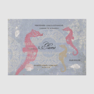Papier Mousseline Cheval de mer rose Coquille Bleu Découpage Françai