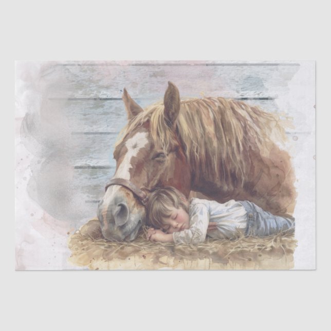 Papier Mousseline Cheval Et Garçon Dans La Grange Dormir "Meilleurs  (Recto)
