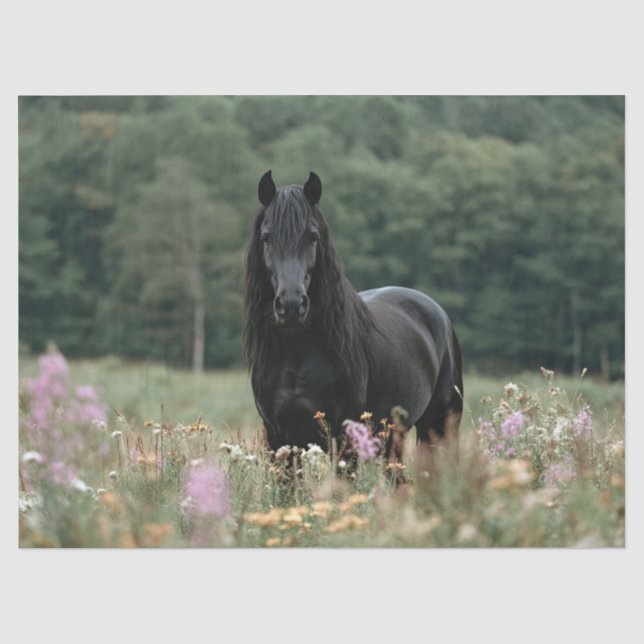 Papier Mousseline Cheval friésien dans un champ Fleur sauvage Découp (Recto)