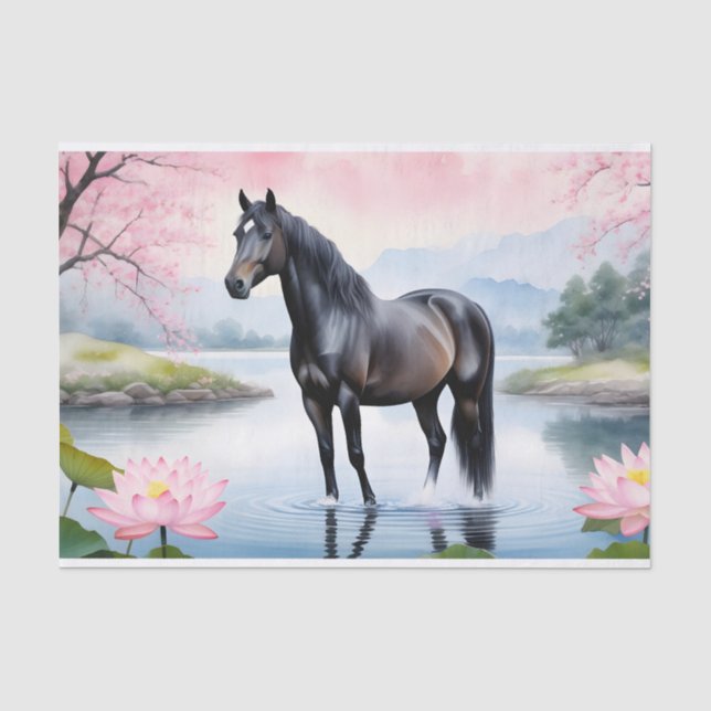 Papier Mousseline Cheval majestueux et beauté du lotus (Recto)