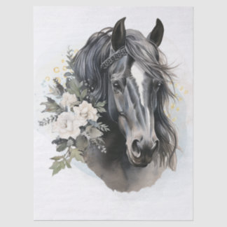 Papier Mousseline Cheval noir floral aquarelle bohème