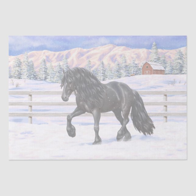 Papier Mousseline Cheval Noir Friésien En Neige (Recto)