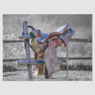 Papier Mousseline Cheval Saddle Sur Corral Fence Western