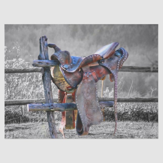 Papier Mousseline Cheval Saddle Sur Corral Fence Western (Recto)