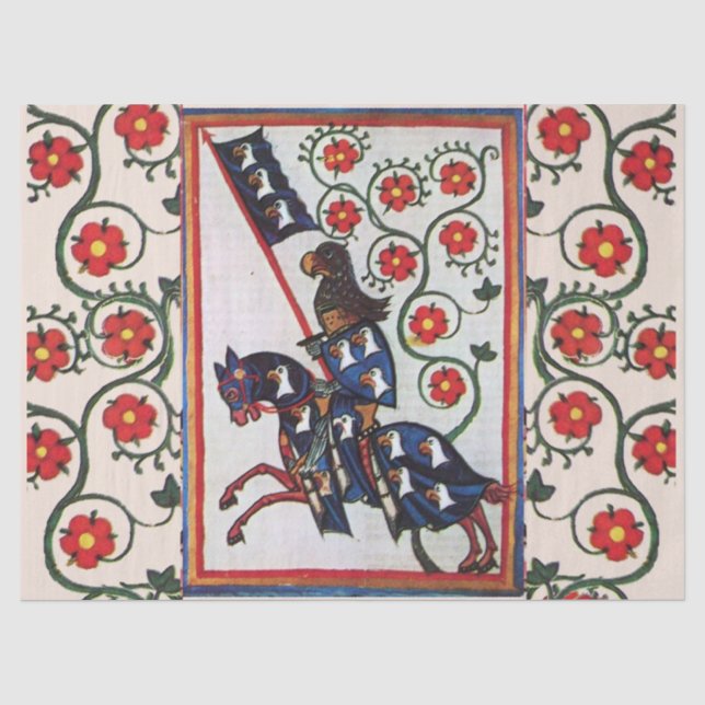 PAPIER MOUSSELINE CHEVALIER BLEU AVEC ROSES ROUGES MINIATURE MÉDIÉVA (Recto)