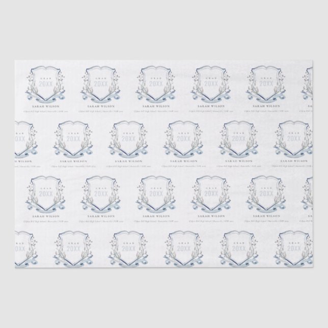 Papier Mousseline Chic Bleu Fleur sauvage Aquarelle Crest Graduation (Recto)