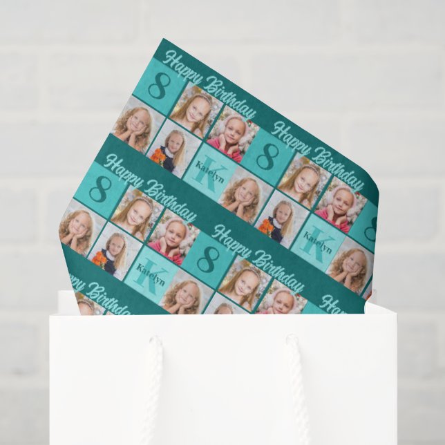 Papier Mousseline Chic Teal Birthday Party Custom Photo Collage (Sac cadeau)
