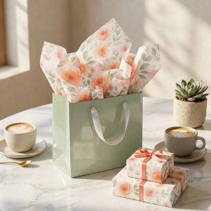 Papier Mousseline Chic Usé Art Floral Vert Sauge Orange Pêche
