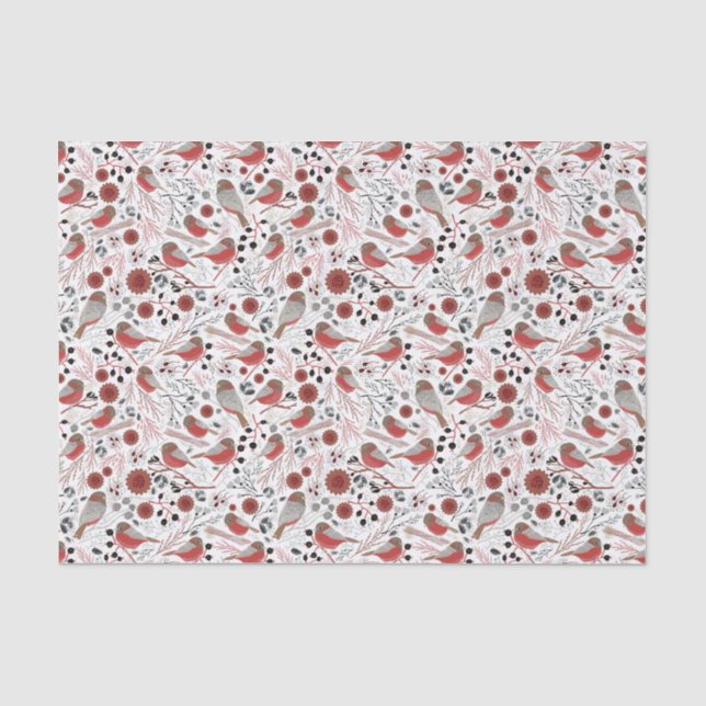 Papier Mousseline Chickadees Motif Gris Rouge avec Floral (Recto)