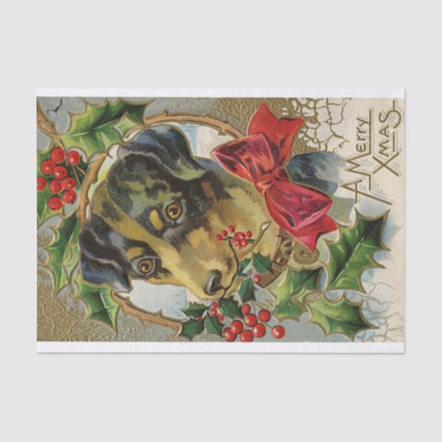 PAPIER MOUSSELINE CHIEN DE NOËL CUT AVEC BOW ROUGE ET HOLLYBERRIES (Recto)