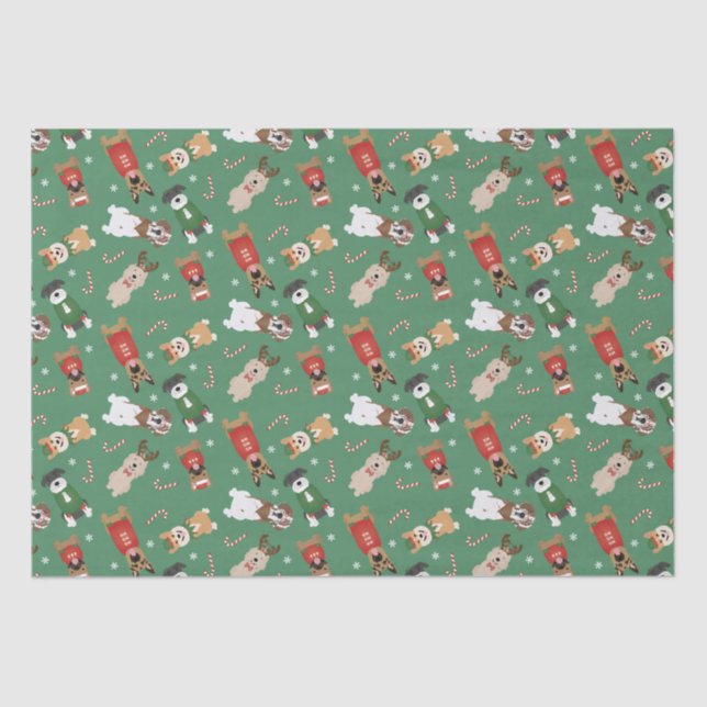 Papier Mousseline Chiens de Noël Motif Rouge Vert (Recto)