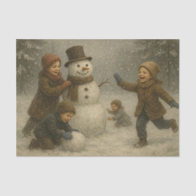 Papier Mousseline Children Building a Snowman (Recto)