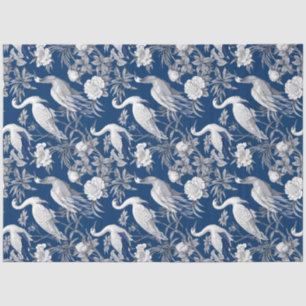 Papier Mousseline Chine bleu marine vintage oiseaux et fleurs