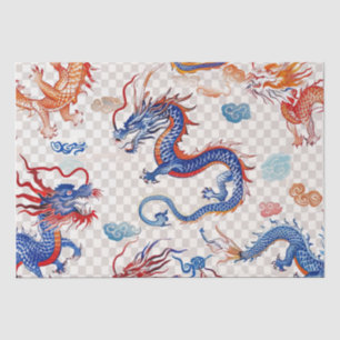 Papier Mousseline Chinois bleu moyen dragon volant