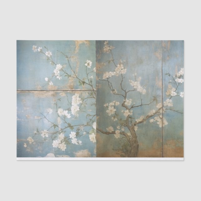 Papier Mousseline Chinoiserie Ancien Panneaux Bleus & Cherry Trees (Recto)