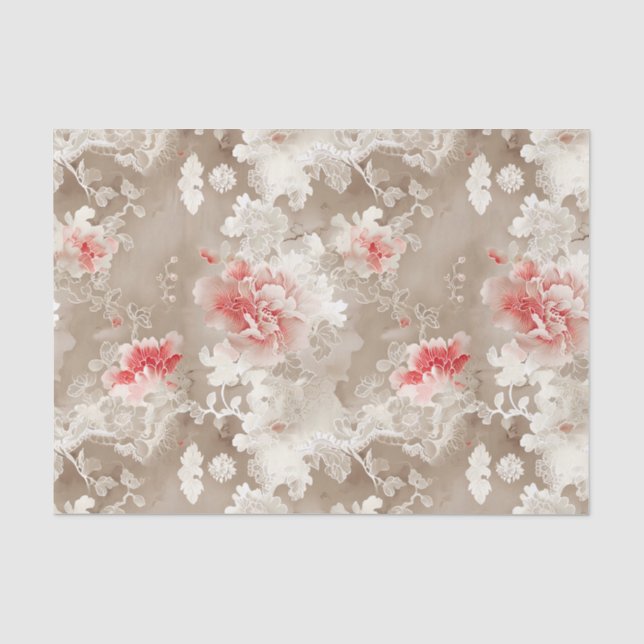 Papier Mousseline Chinoiserie Asiatique Floral Blanc Rose Découpage (Recto)