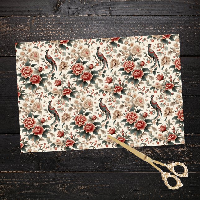 Papier Mousseline Chinoiserie Asiatique Oiseau Blanc Rouge Floral Dé (Créateur téléchargé)