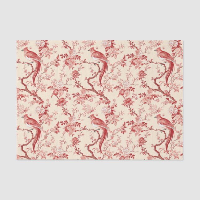 Papier Mousseline Chinoiserie Bird Asiatique Floral Rouge Rose Décou (Recto)