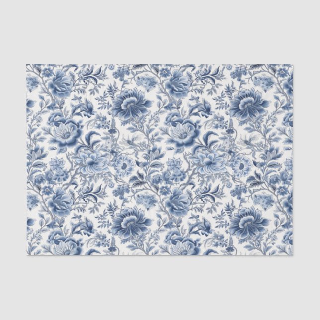 Papier Mousseline Chinoiserie Bleu Blanc Floral Fleurs Découpage (Recto)