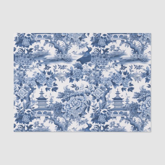 Papier Mousseline Chinoiserie Bleu Blanc Floral Peinture Découpage (Recto)