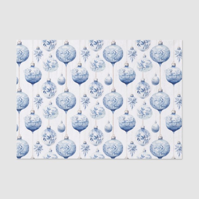 Papier Mousseline Chinoiserie Bleu & Blanc Ornements de Noël (Recto)