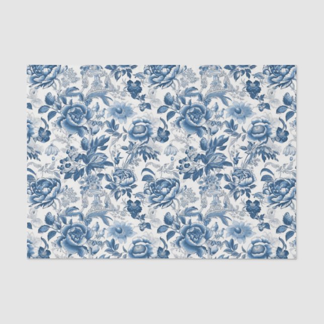 Papier Mousseline Chinoiserie Blue White Peonies Floral Decoupage (Recto)