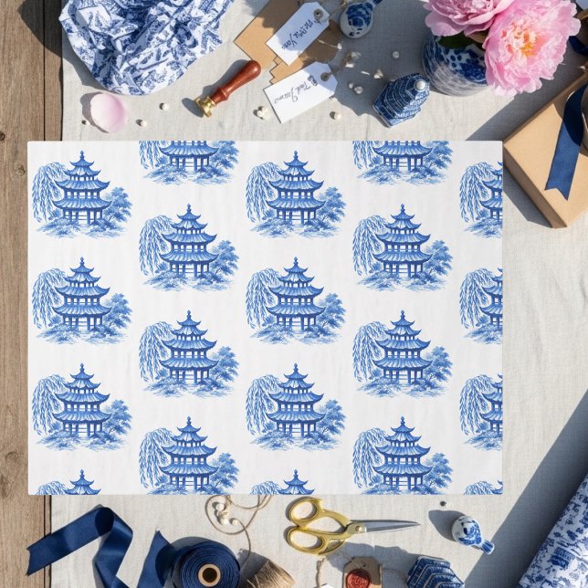 Papier Mousseline Chinoiserie Blue Willow Pagoda (Chinoiserie Blue Willow Pagoda Tissue Paper)