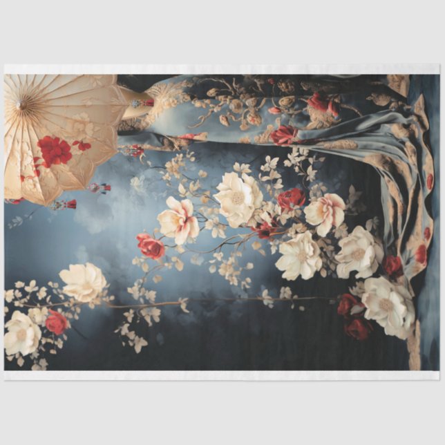 Papier Mousseline Chinoiserie Dame debout avec parasol Portrait (Recto)