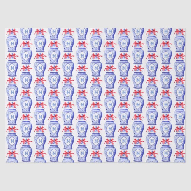 Papier Mousseline Chinoiserie Ginger Jar Monogramme | Bow rouge (Recto)