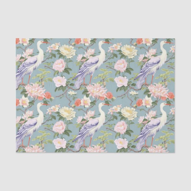 Papier Mousseline Chinoiserie Jade Floral Egret (Recto)