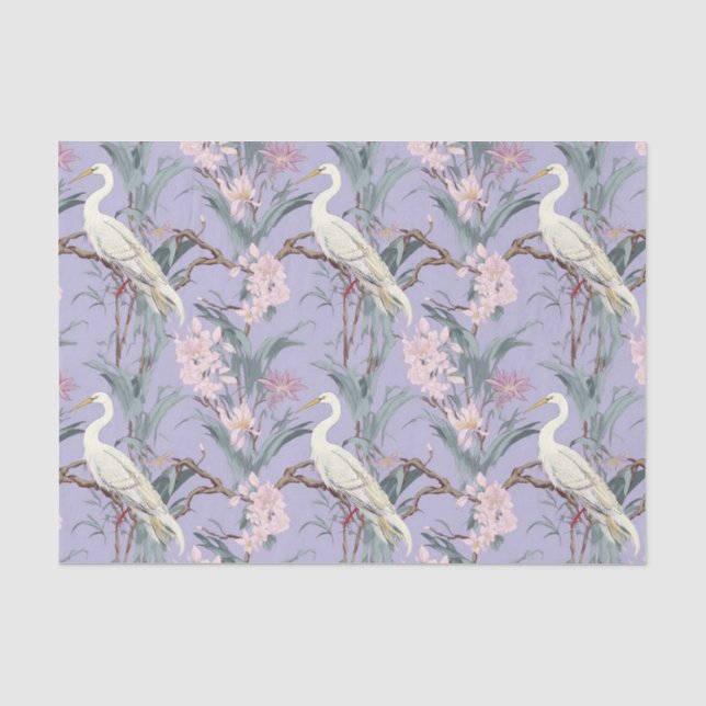 Papier Mousseline Chinoiserie Lavender Floral Egret (Recto)