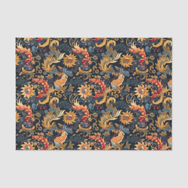 Papier Mousseline Chinoiserie Motif bleu jaune rouge découpage (Recto)