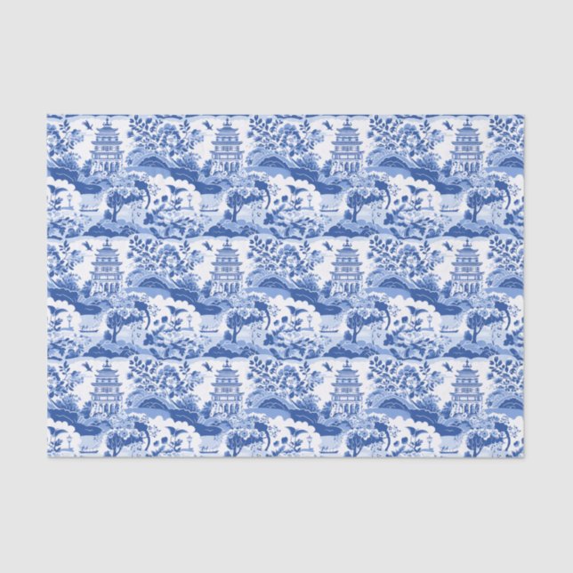 Papier Mousseline Chinoiserie Pagode Bleue & Blanche (Recto)