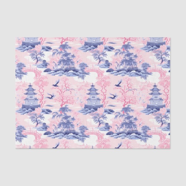 Papier Mousseline Chinoiserie Paysage asiatique Découpage bleu rose (Recto)