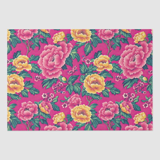 Papier Mousseline Chinoiserie rose et jaune brillant Floral (Recto)