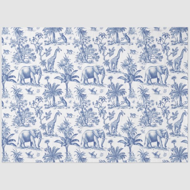 Papier Mousseline Chinoiserie Toile de Jouy animaux bleu marine (Recto)