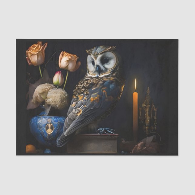 Papier Mousseline Chouette Bleue & Fleurs (Recto)