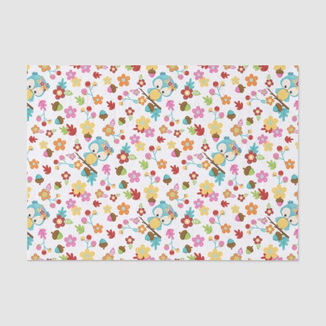 Papier Mousseline Chouette boisée mignonne et fleurs Baby shower béb (Recto)