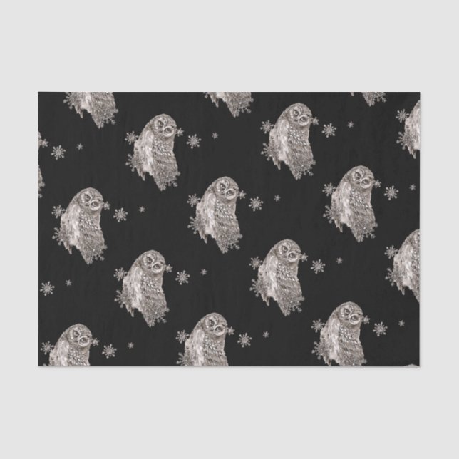 Papier Mousseline Chouette d'aquarelle Oiseau Snowflakes d'hiver (Recto)