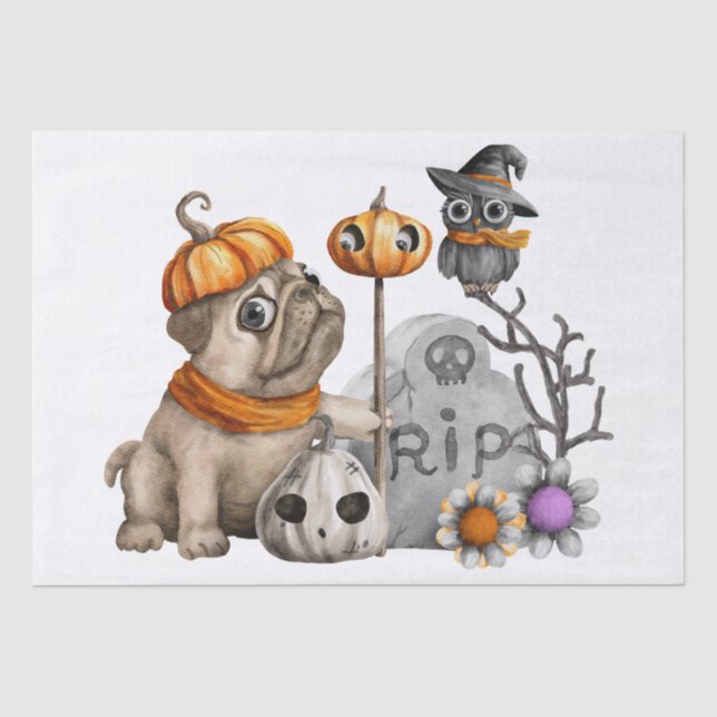 Papier Mousseline Chouette de chien de Carlin d'Halloween (Recto)