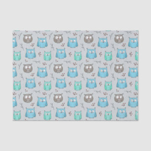 Papier Mousseline Chouette gris bleu mou Motif