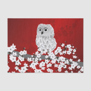 Papier Mousseline Chouette mignonne Fleur de cerisier rouge noir bla
