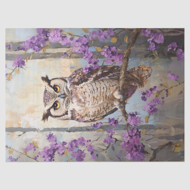 Papier Mousseline Chouette Perché Fleurs violettes Peinture Découpag (Recto)