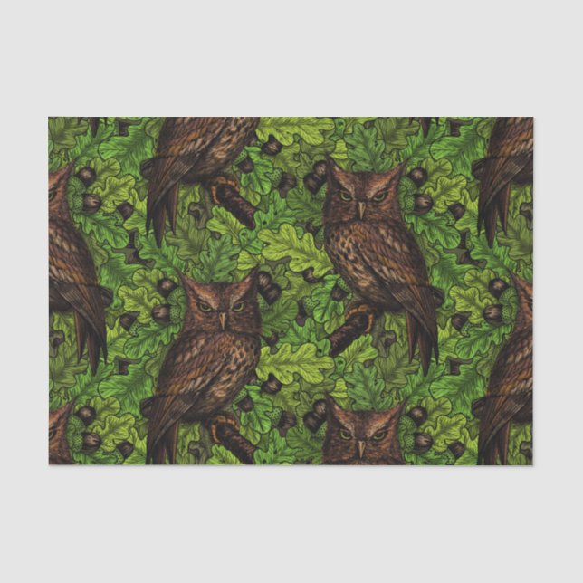 Papier Mousseline Chouettes dans le chêne, vert et marron (Recto)