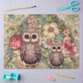 Papier Mousseline Chouettes des bois, oiseaux et fleurs de chalet