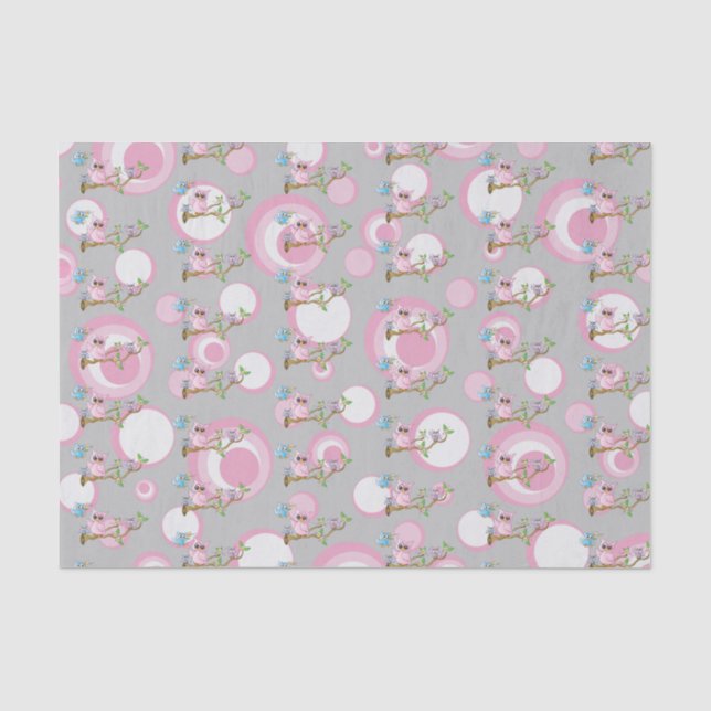 Papier Mousseline Chouettes pour bébés roses et gris | Thème Douche (Recto)