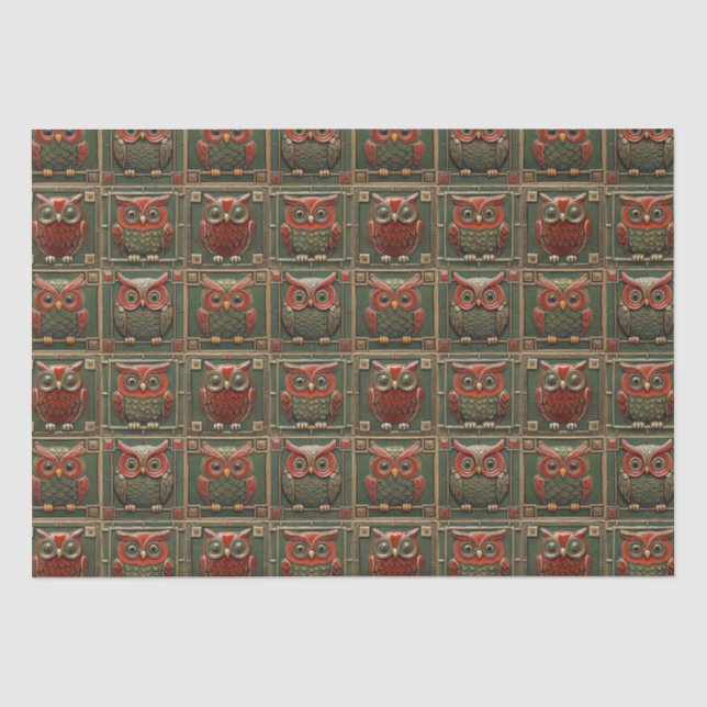 Papier Mousseline Chouettes vertes et rouges (Recto)