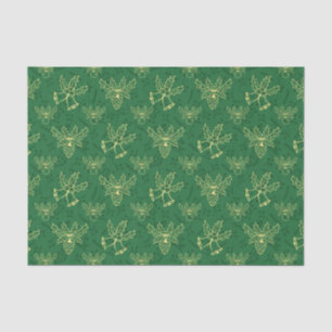 Papier Mousseline Christmas Bells Holly Berries Green Motif