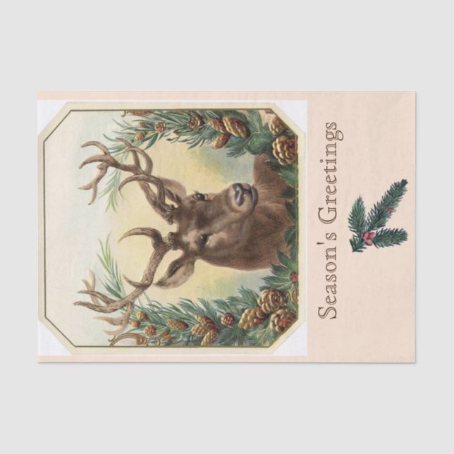 Papier Mousseline CHRISTMAS DEER, PINE CONES CROWN Bonnes Fêtes (Recto)